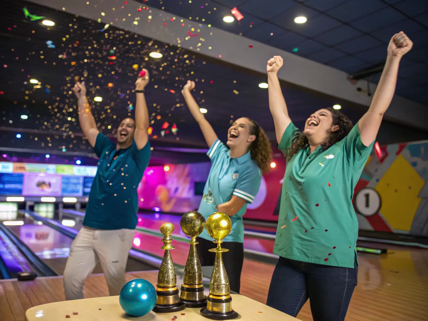 A lively image of a group of friends enjoying a bowling game at CB BOWLING ApS, with a focus on the social interaction and fun atmosphere.