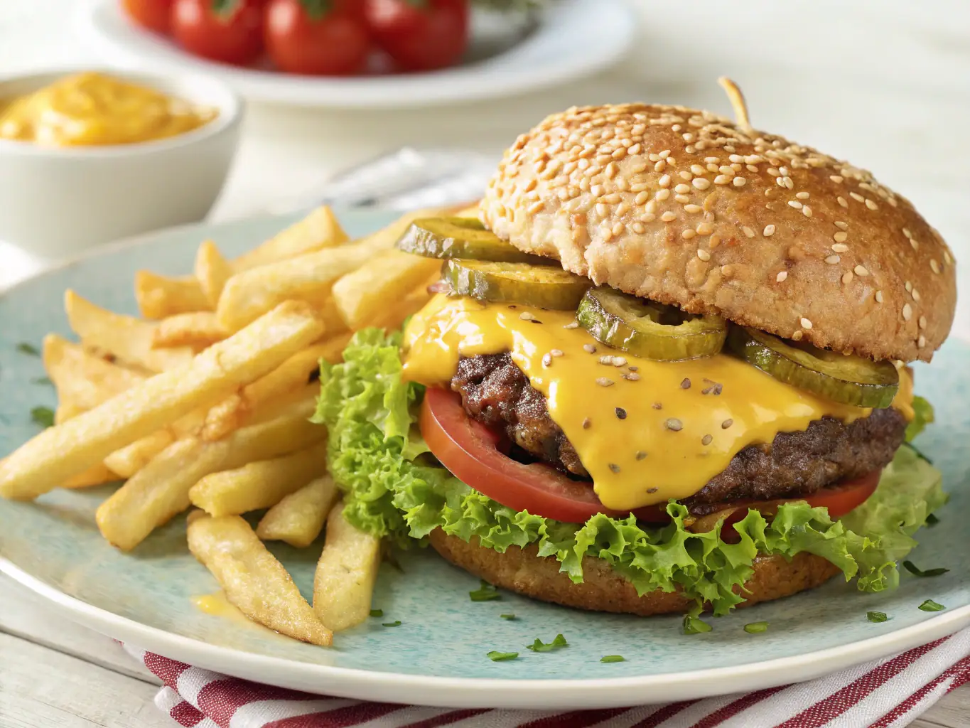 A vibrant photograph showcasing a gourmet burger and crispy fries served on a wooden board, with a frosty beer mug in the background, capturing the inviting atmosphere of the CB BOWLING ApS restaurant.