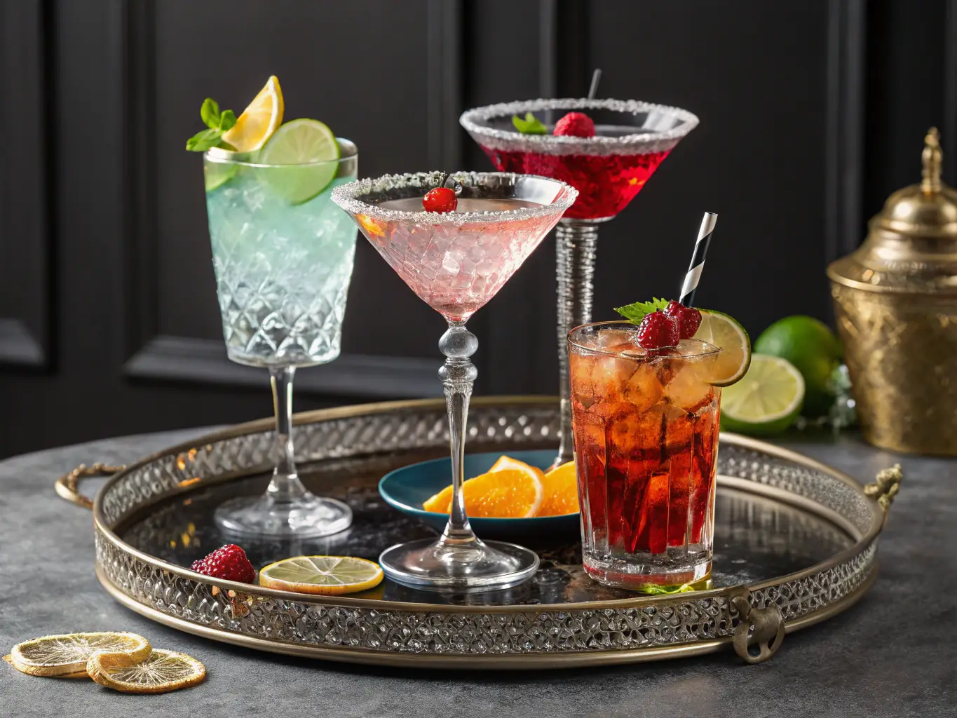 A vibrant image of a colorful cocktail with fruit garnishes, placed on a bar counter with other drinks in the background, highlighting the bar's drink selection.
