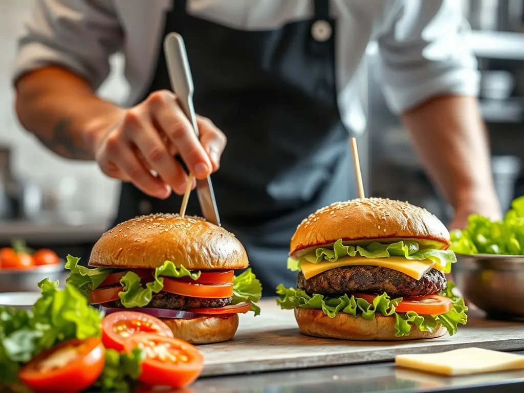 A close-up shot of a chef preparing a gourmet burger in the kitchen of CB BOWLING ApS, highlighting the fresh ingredients and culinary expertise.