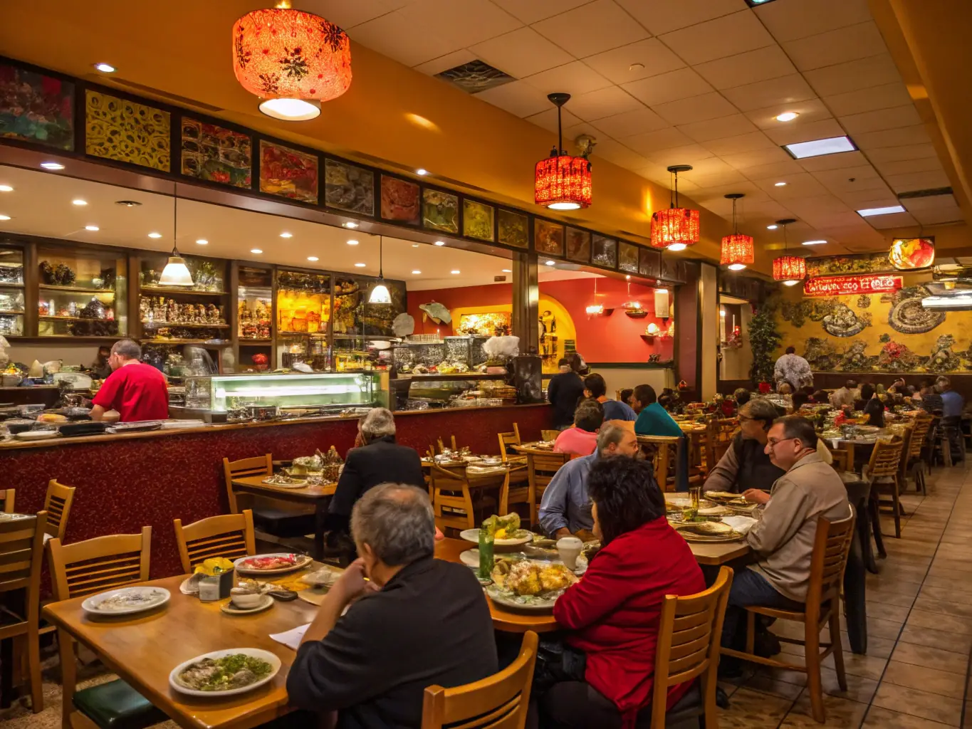 A vibrant image of the restaurant area at CB BOWLING ApS, featuring comfortable seating, a well-stocked bar, and patrons enjoying food and drinks.
