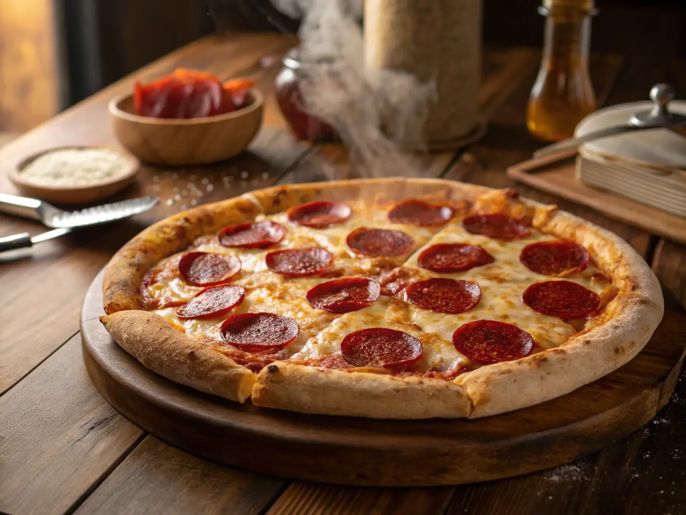 A tempting image of a freshly baked pizza with various toppings, such as pepperoni, mushrooms, and olives, showcasing the restaurant's pizza options.