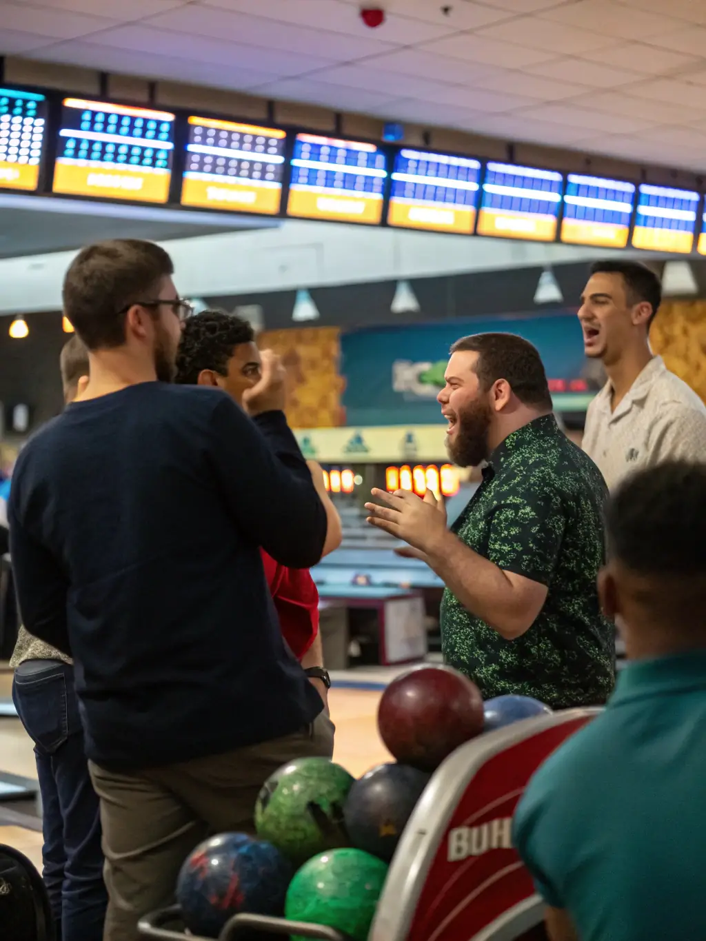 A group of colleagues participating in a corporate bowling event, with team names displayed on the scoring screens at CB BOWLING ApS.