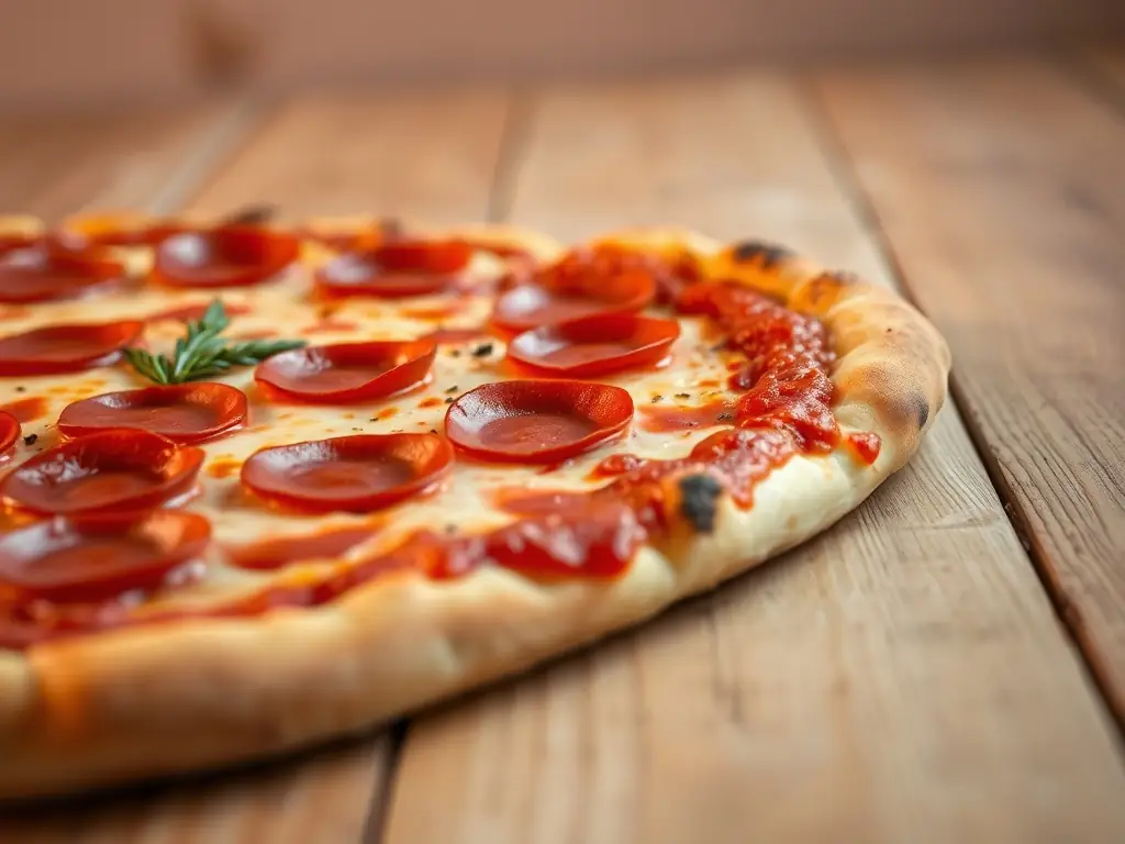 A visually appealing image of a pizza with various toppings, placed next to a bowling ball and pins, emphasizing the family-friendly dining options at CB BOWLING ApS.