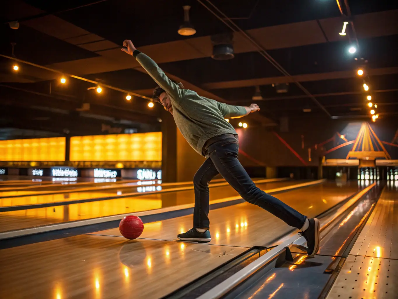A high-quality image of a well-maintained bowling lane at CB BOWLING ApS, highlighting the polished lanes and modern equipment.