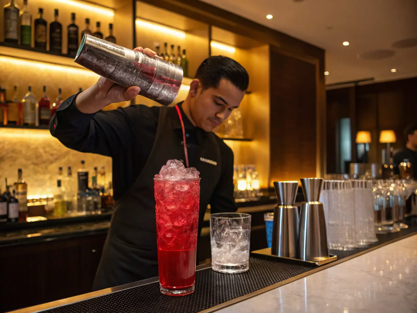 A close-up shot of a colorful cocktail being prepared at the bar, with bowling pins subtly visible in the background, highlighting the bar service at CB BOWLING ApS.