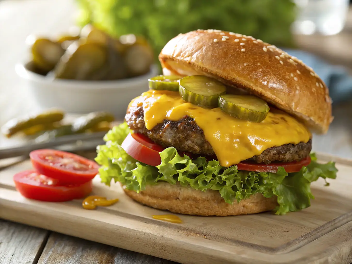 A close-up shot of a juicy burger with melted cheese and crispy bacon, placed next to a side of golden fries, showcasing the restaurant's classic American cuisine.