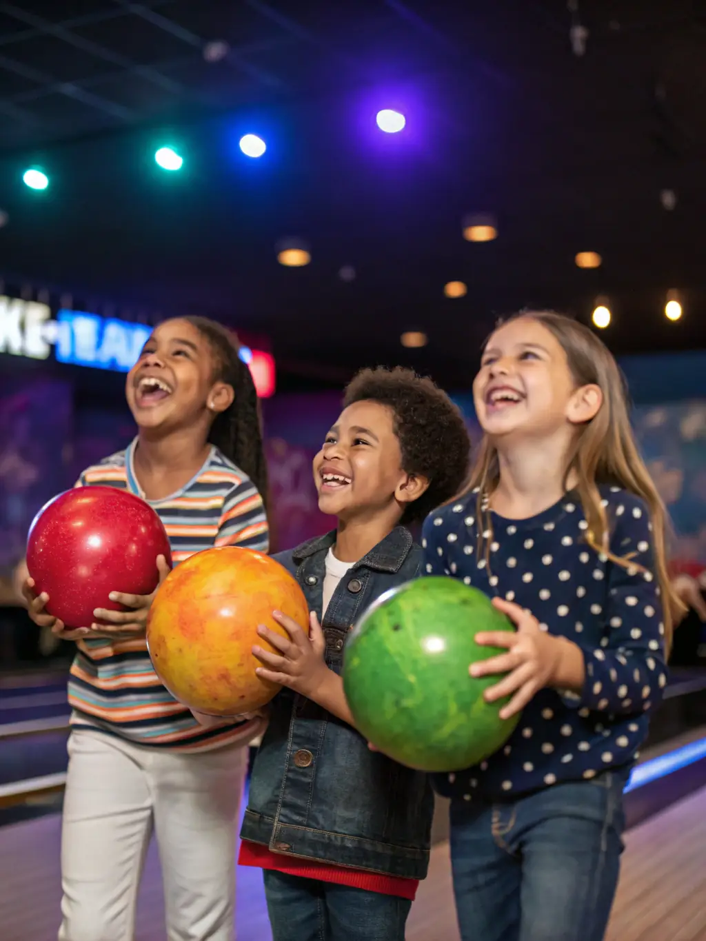 A family celebrating a birthday at a bowling lane, with balloons and a cake visible in the background at CB BOWLING ApS.